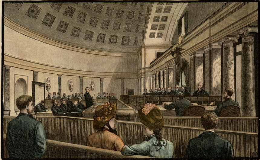Engraving of the Old Senate Chamber showing its use as the Supreme Court's courtroom. Spectators sit in the 
					foreground while an attorney, standing, argues a case in front of nine Justices, who sit behind the Bench. Credit: Picturesque Washington.