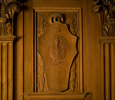 Turkey carved in a shield in the woodwork of the Supreme Court Library.