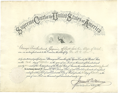 Justice George Sutherland's Supreme Court Bar Certificate, October 20, 1899. Signed by Clerk James H. McKenney.