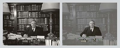 Photograph of Chief Justice Harlan Fiske Stone in his home library (left). Visible in the foreground are the round and square inkwells of the Tiffany desk set.  Today, select components of the desk set are on display in the Chambers of Chief Justice John G. Roberts, Jr.