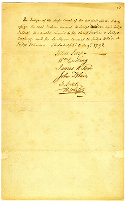 Supreme Court Allotment Order, August 11, 1792, whereby the Justices agreed to who would cover each of the three federal judicial circuits.