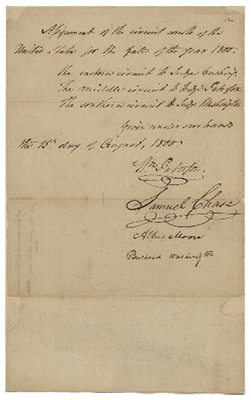 One of the Court’s last pieces of business on August 15, 1800, was this allotment order assigning the Justices to the various circuits. It was signed by the four Justices who were present that day: William Paterson, Samuel Chase, Bushrod Washington and Alfred Moore. Chief Justice Oliver Ellsworth and Justice William Cushing were absent.