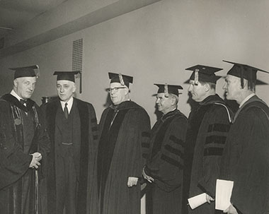 Chief Justice Warren (third from the left) is shown sporting his LL.D. regalia at Justice John M. Harlan’s honorary degree ceremony at the University of Pennsylvania on January 19, 1963. He is flanked by Justice Harlan and Justice William J. Brennan, Jr., along with the president and dean of the University of Pennsylvania.
