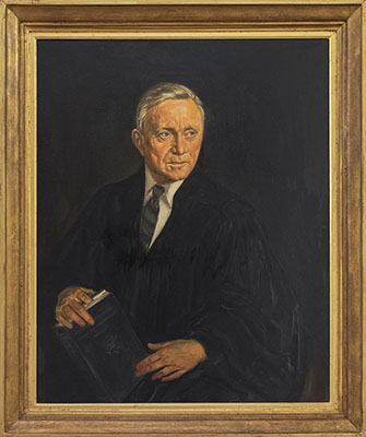 Half-length oil on canvas portrait of Justice William O. Douglas by Elias Kanarek.
