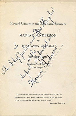 After the concert, Ms. Anderson signed and inscribed a program for Chief Justice and Mrs. Hughes.
