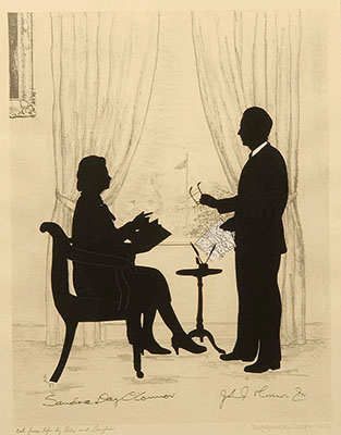 Silhouette of Justice Sandra Day O’Connor and her husband, John J. O’Connor III, by Helen and Nel Laughon, including Joseph Wells’s depiction of the U.S. Capitol. 