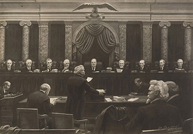 Quill pens can be seen on the counsel table in this 1911 illustration of the Court under Chief Justice Edward D. White. At the time, the Court met in the former Senate Chamber of the U.S. Capitol.