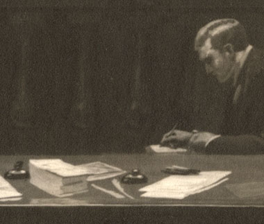 Quill pens can be seen on the counsel table.