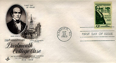 First Day Cover featuring the 6-cent Dartmouth College Case postage stamp.