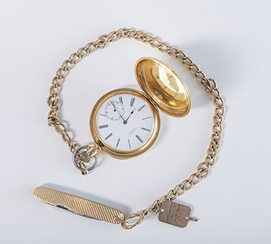 Gold pocket watch, knife, and fob belonging to the two Justice John Marshall Harlans, the only grandfather and grandson to serve on the Supreme Court. An inscription on the case reads, “Justice Harlan 1895.”