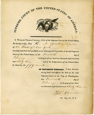 Supreme Court Bar Certificate issued to H. M. Weston on February 20, 1833, by Clerk William T. Carroll.