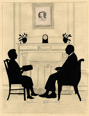 Silhouette of Justice William Brennan, Jr., and his wife, Mary Fowler Brennan, by Helen and Nel Laughon. Above the mantel is a portrait of Nancy Brennan, Justice Brennan’s daughter, by Joseph Wells.