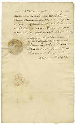 Handwritten Supreme Court Bar Certificate issued to the Honorable Thomas Burnside as a duly qualified “attorney and Counsellor” of the Supreme Court on February 21, 1816. Signed by Clerk Elias B. Caldwell on April 10, 1816.