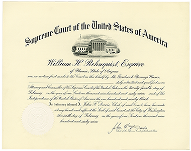 Chief Justice William H. Rehnquist's Supreme Court Bar Certificate issued on February 24, 1969, and signed by Clerk John F. Davis.