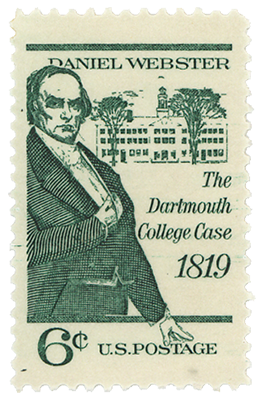 Prominently featured on the 6-cent Dartmouth College Case stamp is Daniel Webster, who argued on behalf of his alma mater, Dartmouth College.