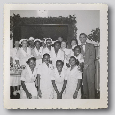 Elizabeth Mertens (third from right, back row) and some of the cafeteria staff, circa 1960s.