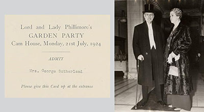 Invitation to Lord and Lady Phillimore’s Garden Party, 1924, (left), and Justice Sutherland and his wife Rosamund, 1938 (right).