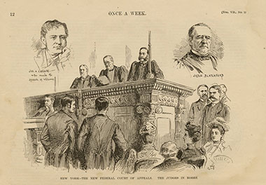 Justice Samuel Blatchford presides at the first sitting of the United States Court of Appeals for the Second Circuit, between Judges William J. Wallace and E. Henry Lacombe, June 30, 1891.