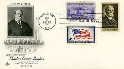 The Collection of the Supreme Court includes stamp ephemera, such as this first day cover commemorating the 4-cent Charles Evans Hughes stamp along with a 1950 3-cent stamp featuring the Supreme Court Building and a 4-cent U.S. flag stamp from 1957. To mark the first day of issue, an artist added a bust-length engraving of Chief Justice Hughes and a depiction of the Hughes Court in session.