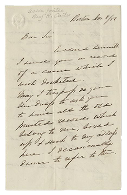 Letter from former Justice Benjamin R. Curtis to Clerk William T. Carroll, November 8, 1858.