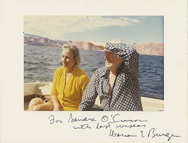 Judge Sandra Day O’Connor and Chief Justice Warren E. Burger on a boat in Lake Powell, Utah, in August 1979. The inscription reads: “For Sandra O’Connor with best wishes, Warren E. Burger.”