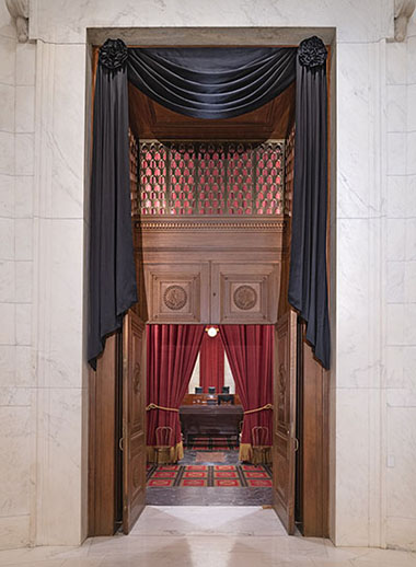 The Courtroom doors draped for the death of Associate Justice Ruth Bader Ginsburg, September 2020.