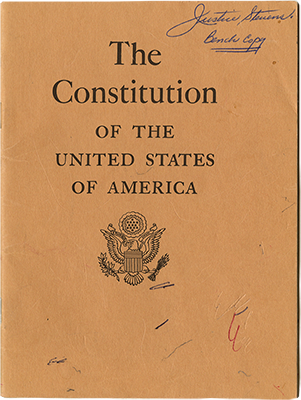 Bench copy of the Constitution of the United States that belonged to Associate Justice John Paul Stevens, which he kept in his drawer on the Bench in the Supreme Court’s Courtroom.