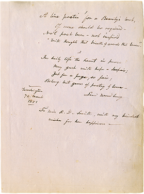 An untitled two-stanza poem by Justice Levi Woodbury, dedicated to a Miss R. D. Smith, “with my kindest wishes for her happiness.”