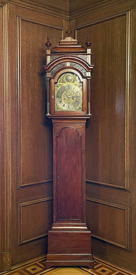 Mahogany tall clock by William Claggett, circa 1735–1748, previously owned by Justice William Cushing.