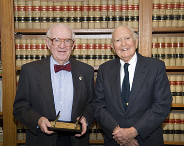 Justice Stevens and Stanley Temko pose with the pen set, October 2009.