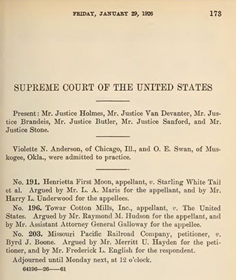 Supreme Court Journal entry for January 29, 1926, showing the admission of Violette N. Anderson.