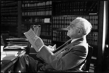On April 5, 1962, shortly after receiving a delivery of books from the Supreme Court Library, Justice Felix Frankfurter suffered a stroke at his desk. This photograph was taken by one of his law clerks during the 1959 Term.