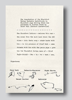 Chief Bull, also known as Richard Sanderville, provided Justice Stone with a translated version of his buckskin certificate. All of the chiefs signed the translation with quill pens.