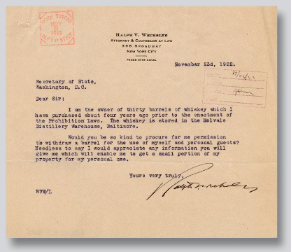 Letter from Ralph V. Wechsler to Secretary of State Charles Evans Hughes, 1922.