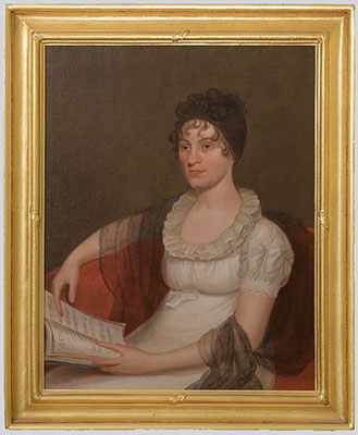 Half-length portrait of Mrs. Bushrod Washington (nee Julia Ann Blackburn) by an unknown artist, circa 1825. She is shown holding a music book in her left hand that is opened to a piece entitled, “A Favorite.” The portrait is on display in the Natalie Cornell Rehnquist Dining Room, alongside a portrait of Justice Bushrod Washington.
