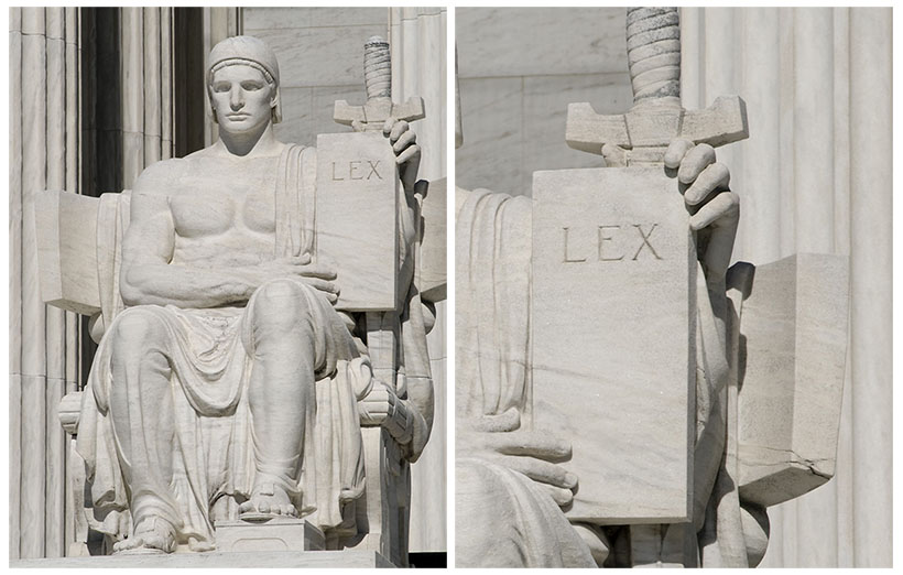The Authority of Law statue combines the imagery of a tablet with the Latin word “LEX” (law).