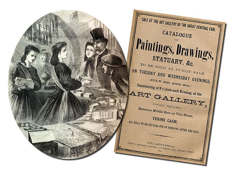 Women selling goods at a Sanitary Fair in New York City, Harper’s Weekly, April 23, 1864. Catalogue of art for sale at a Sanitary Fair in Philadelphia, 1864.