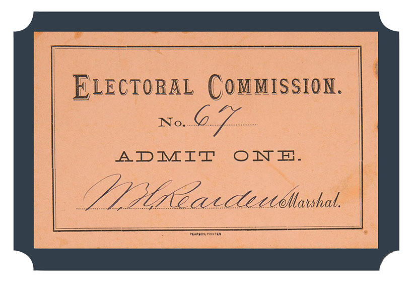 Admission ticket to a public hearing held by the Electoral Commission, signed by W.H. Rearden.