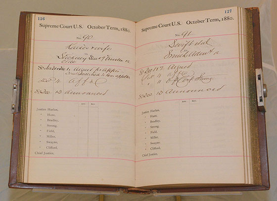 Justice Noah H. Swayne's Docket Book, open to the entry for Kaiser v. Stickney on the left, October Term 1880.