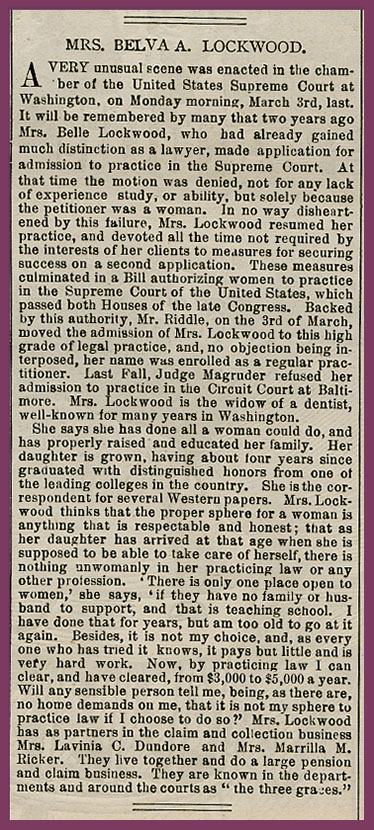 'Mrs. Belva A. Lockwood,' Frank Leslie's Illustrated Newspaper, April 5, 1879.