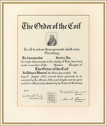 Certificate presented to Sandra Day as part of her induction into the Order of the Coif, a law honor society that fosters excellence in legal scholarship, August 1952.
