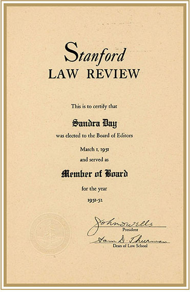 Certificate acknowledging Sandra Day’s service on the Board of Editors of the Stanford Law Review, March 1951.