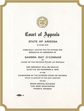 Invitation to Sandra Day O’Connor’s swearing in ceremony at the Arizona Court of Appeals.