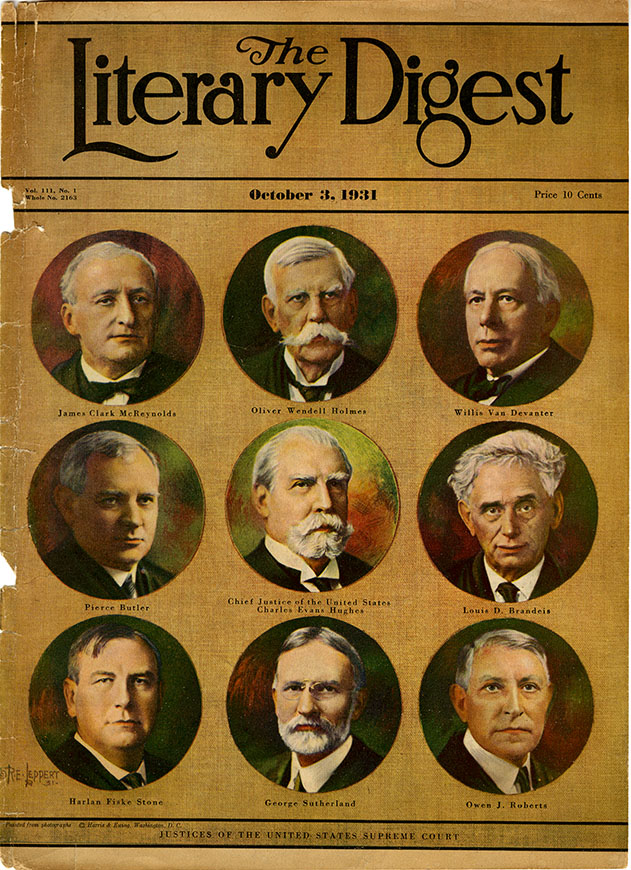 Stone (bottom row, left) and Justices Oliver Wendell Holmes, Jr., (top row, center) and Louis D. Brandeis (middle row, right), were frequent companions in dissent.