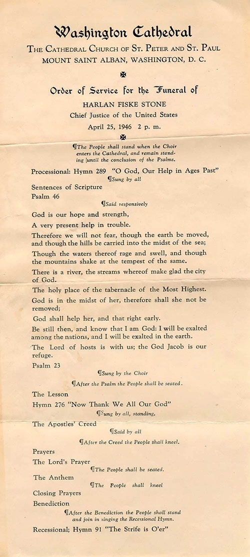 Order of service for the funeral of Chief Justice Harlan Fiske Stone, Washington National Cathedral, April 25, 1946.