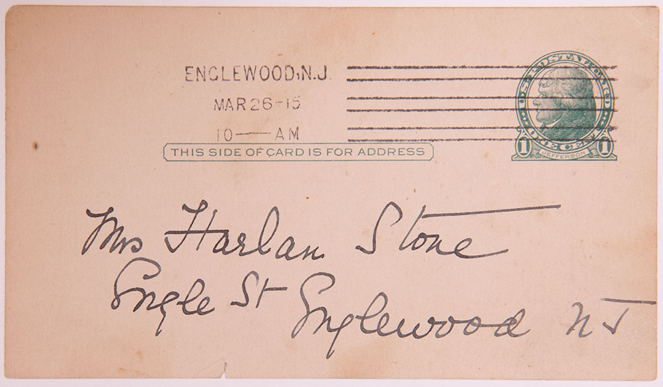 Envelope addressed to Mrs. Harlan Stone at the Stones’ New Jersey address.
