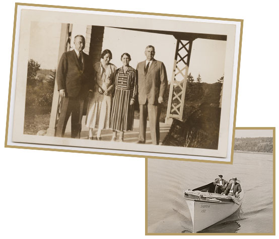 Top: Stone family members in Maine, from left to right: Lauson Stone, Jane Hunter Stone (Lauson’s wife), Agnes Harvey Stone, and Harlan Fiske Stone, c. 1936-1946. Bottom Right: Stone and friend William P. Turner ride in motorboat Sabrina, named after the nymph statue at Amherst College, c. 1931-1941.
