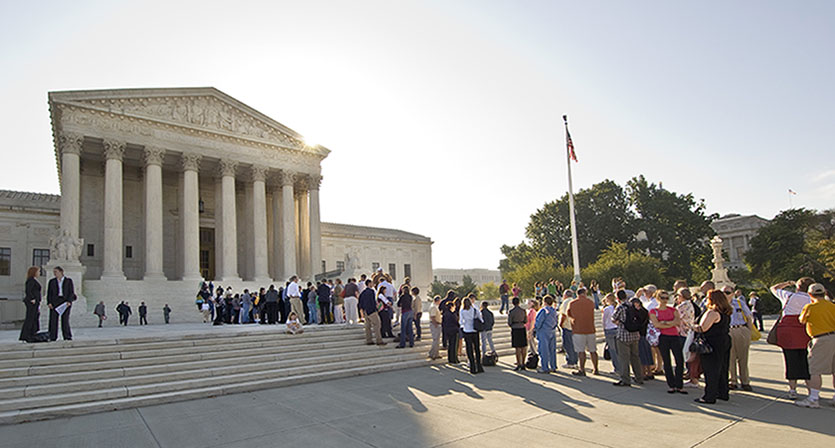 West Plaza with visitors lined up for oral argument